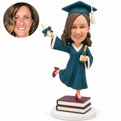 custom bobblehead figure female graduate with one leg bent back holding a diploma and a celebration bottle on stacked books