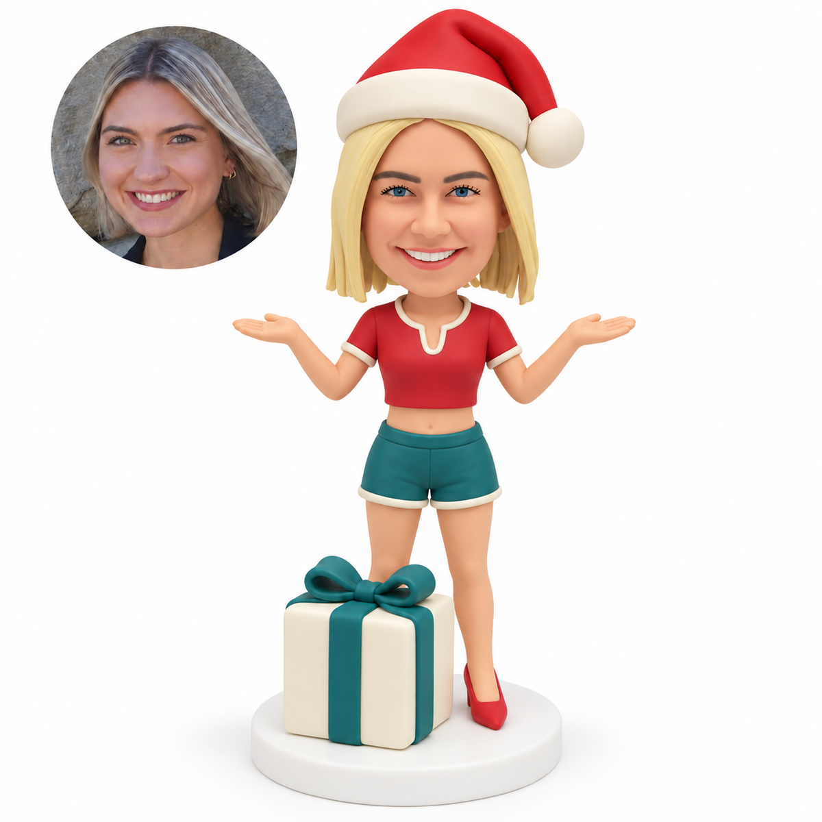 custom bobblehead figure woman with both palms extended outward beside a large wrapped gift box