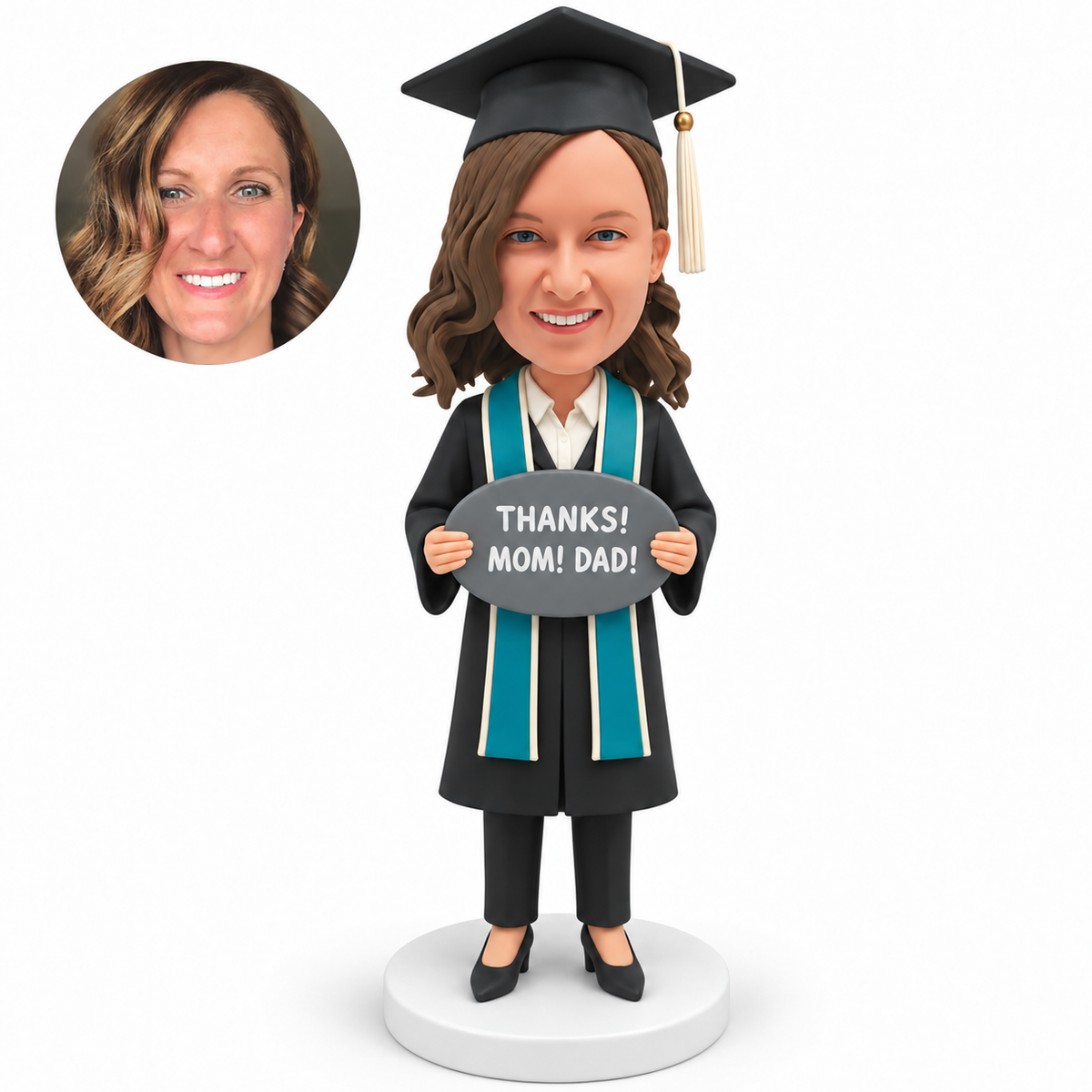 custom bobblehead figure female graduate holding an oval thanks mom and dad sign with both hands