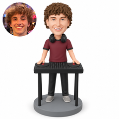 custom bobblehead figure male DJ operating two turntables with both hands at an open four-leg mixing table