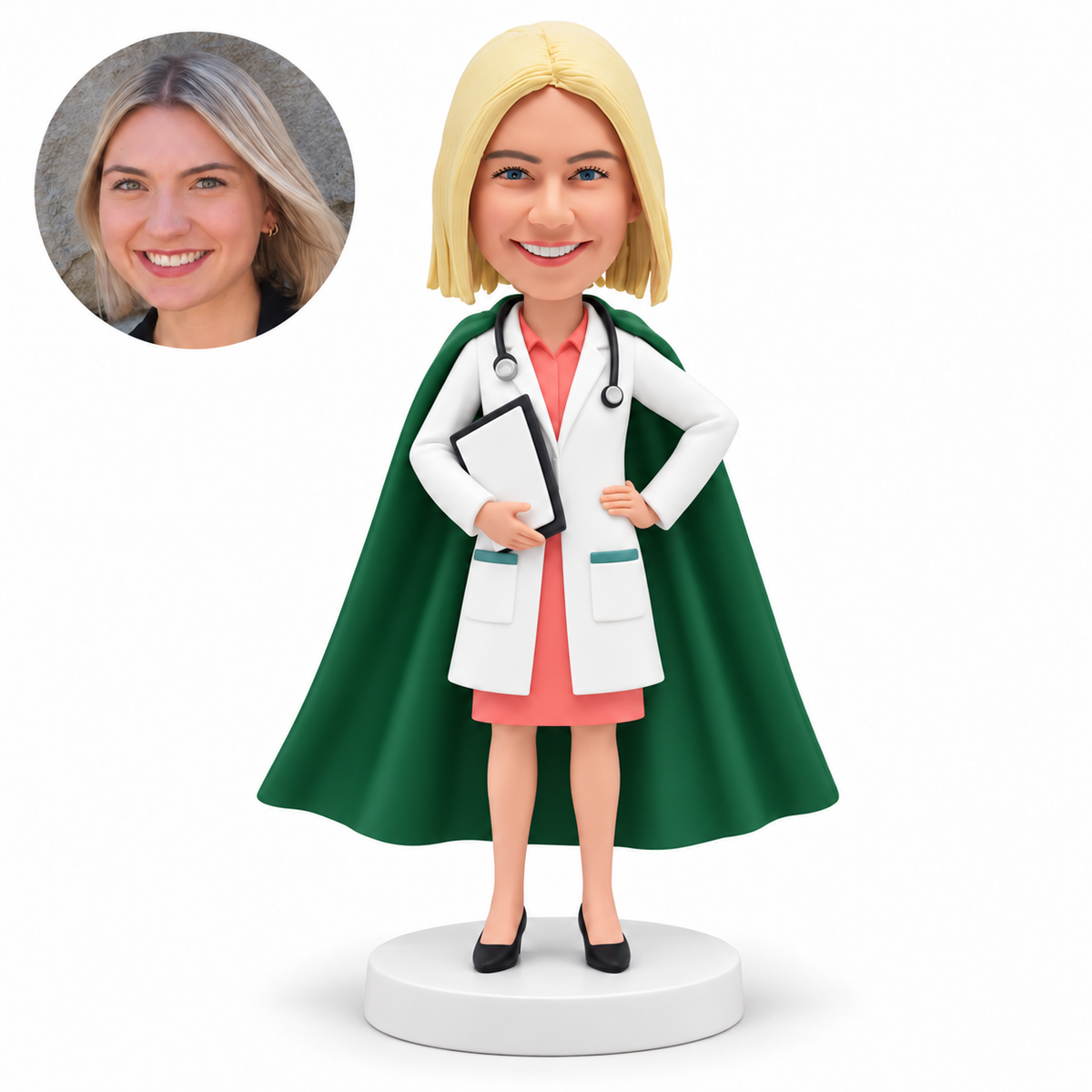 custom bobblehead figure female doctor with a long cape holding a clipboard against her waist and her other hand on her hip
