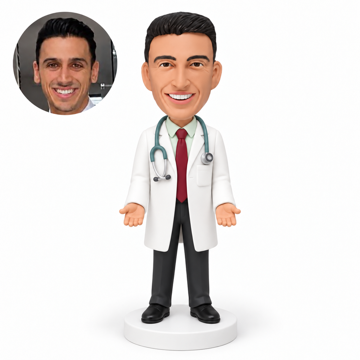 custom bobblehead figure male doctor standing with both hands lowered and palms facing upward