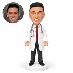 custom bobblehead figure male doctor standing with both hands lowered and palms facing upward