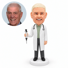 custom bobblehead figure male doctor holding a vertical laboratory micropipette with one hand
