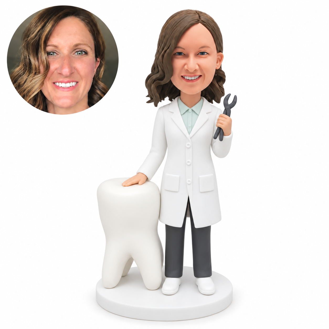 custom bobblehead figure female dentist resting one hand on a giant tooth and raising dental forceps in the other