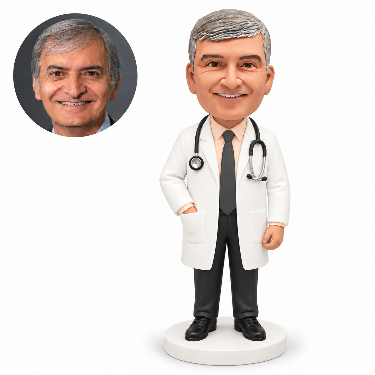 custom bobblehead figure male doctor with his right hand in his coat pocket and his left hand lowered