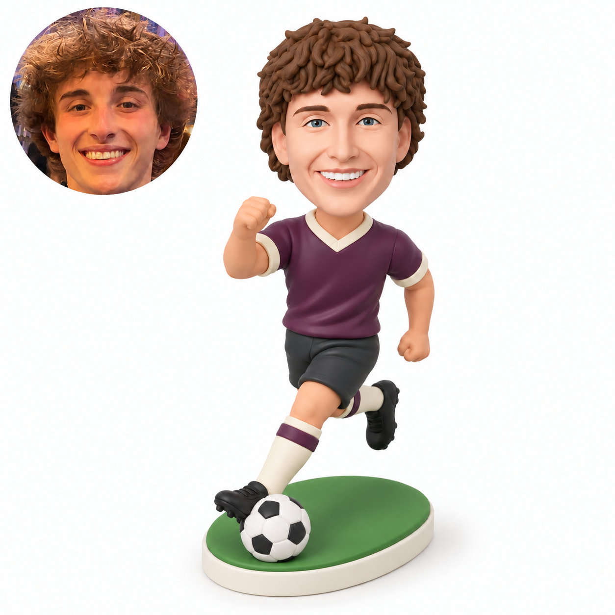 custom bobblehead figure male soccer player running with his right fist raised forward and his left fist swung back