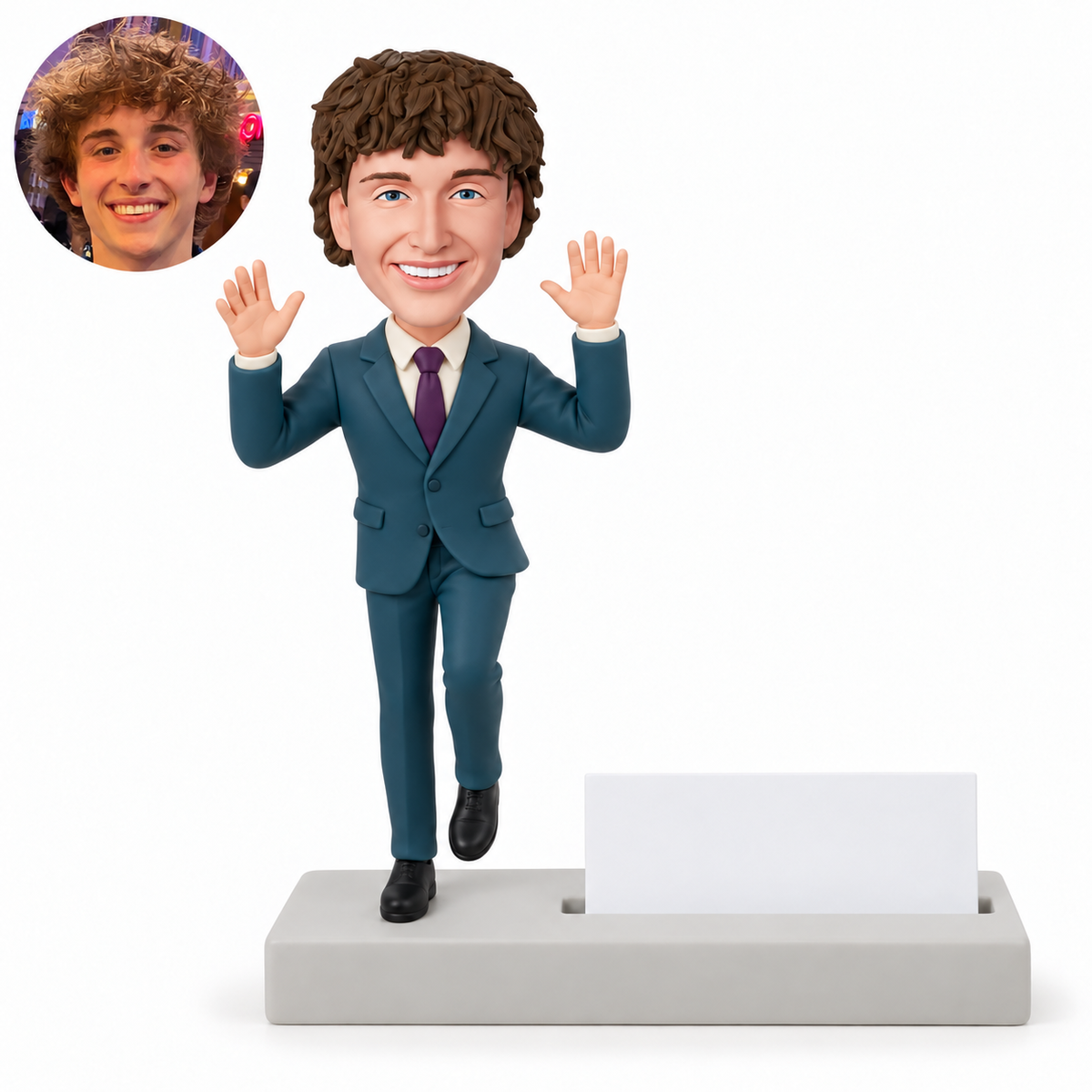 custom bobblehead figure businessman raising both open hands beside his head on a business card holder base