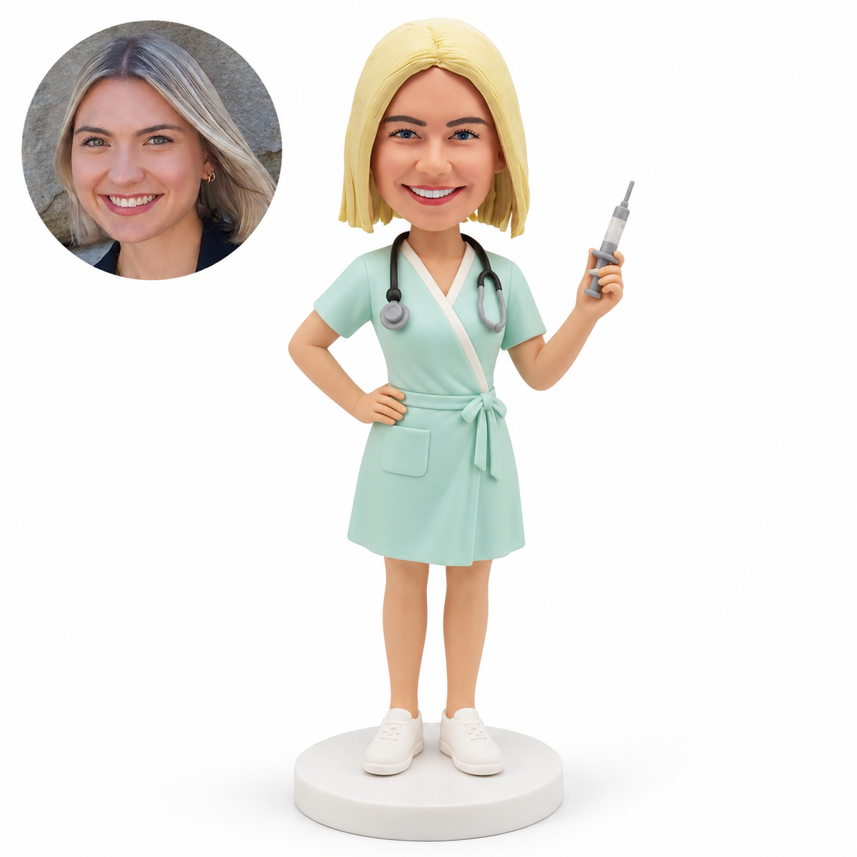custom bobblehead figure female nurse raising a syringe in her left hand with her right hand on her hip