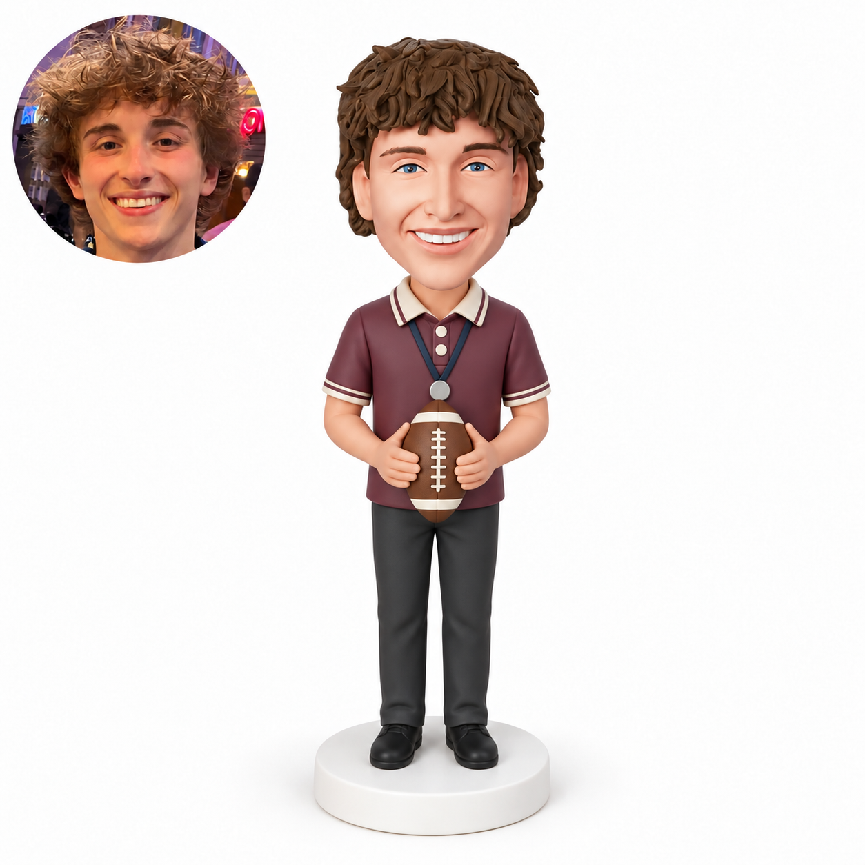 custom bobblehead figure male football fan standing straight and holding an upright ball with both hands at his waist