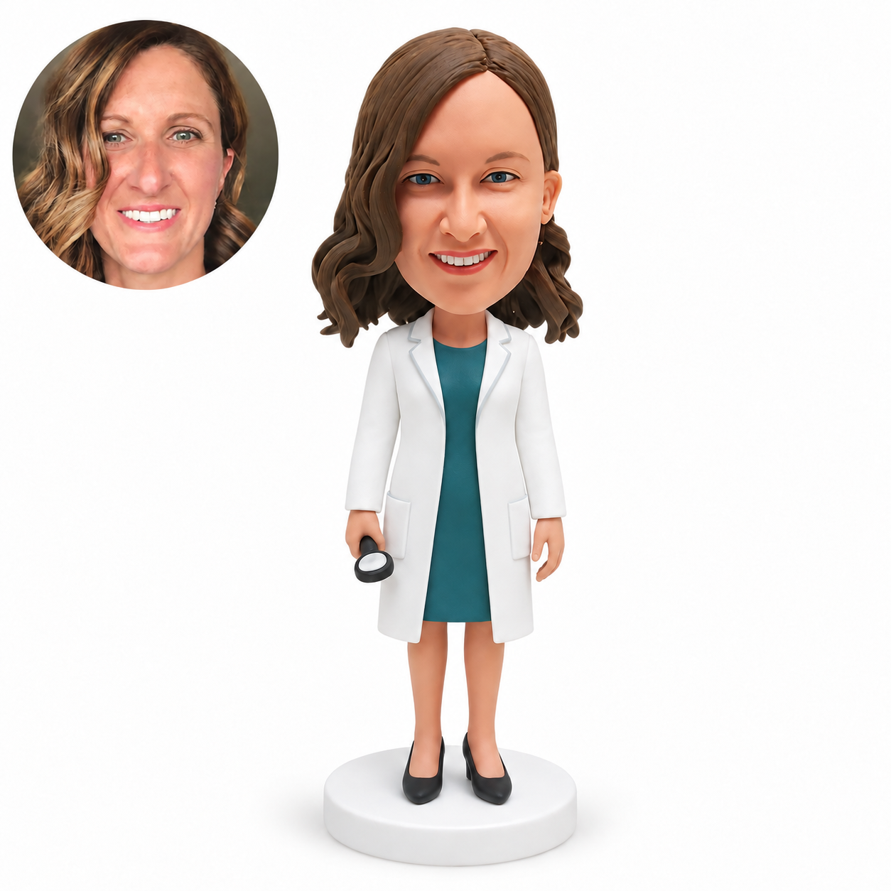 custom bobblehead figure female doctor with both arms lowered holding a small handheld medical device