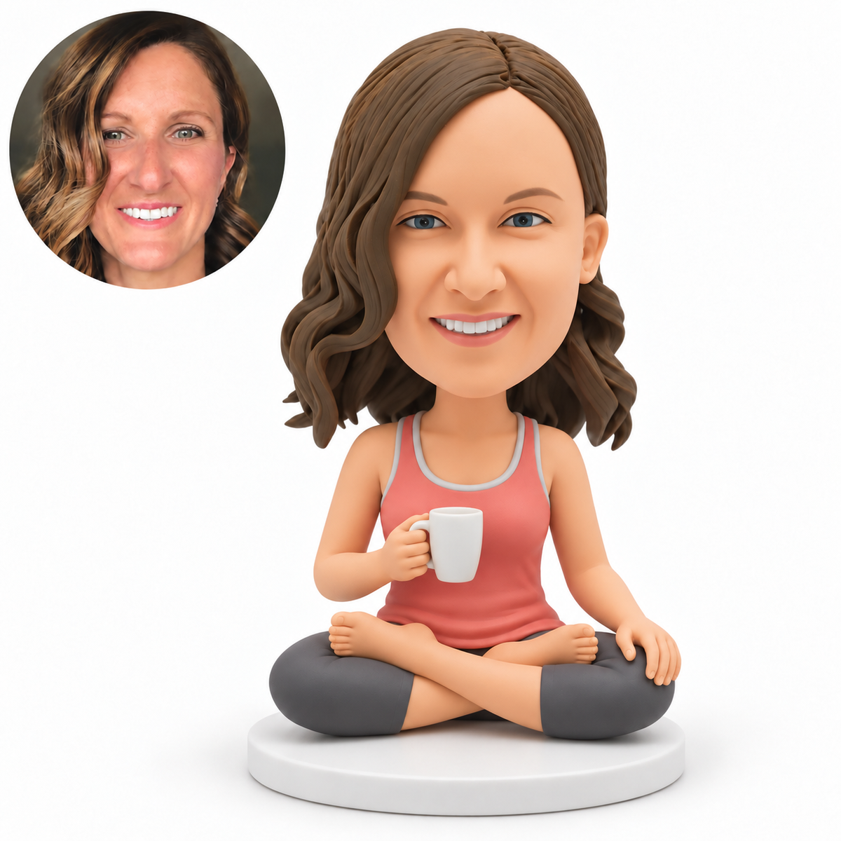 custom bobblehead figure woman sitting cross-legged with a mug in her right hand and her left hand resting on her knee