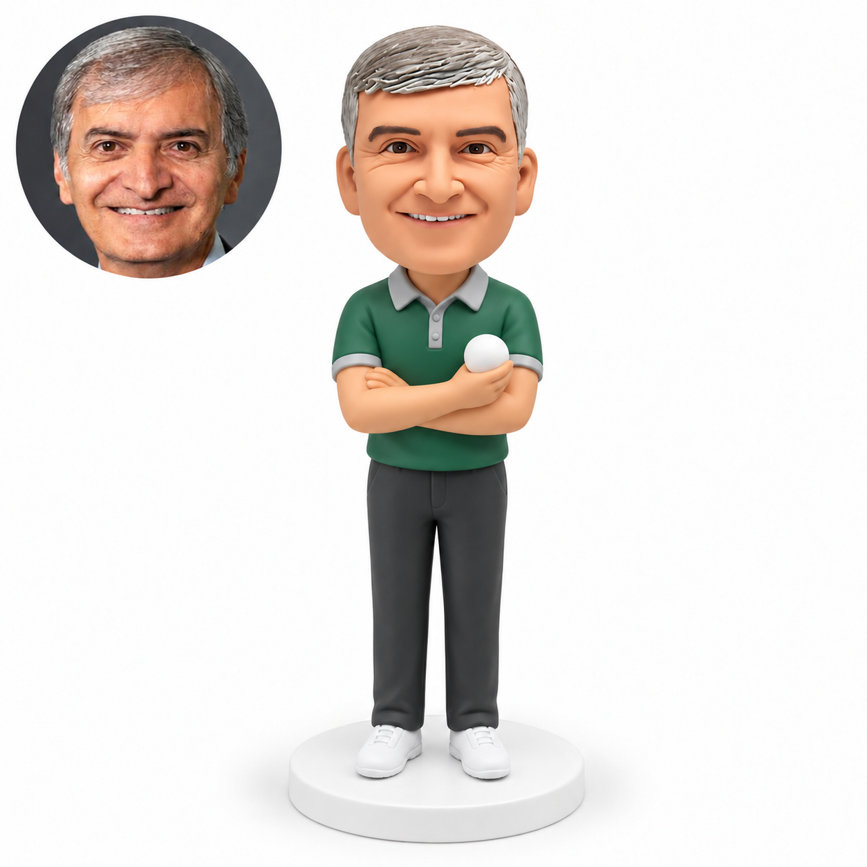 custom bobblehead figure male baseball coach standing with crossed arms and a small ball in his right hand