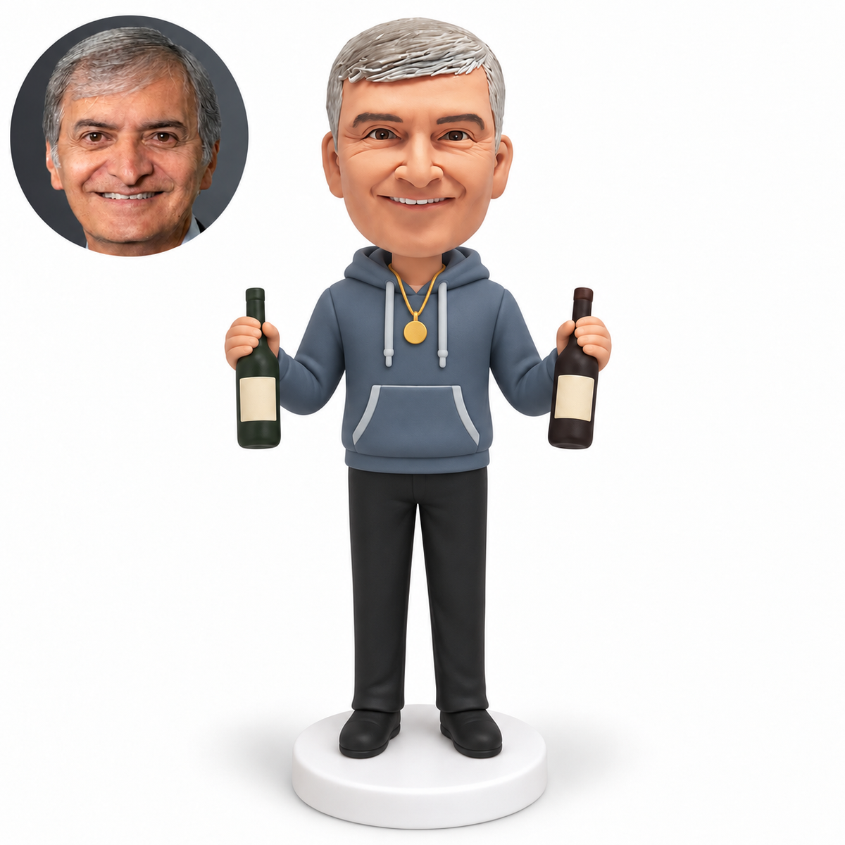 Custom male bobblehead holding one sculpted bottle in each hand