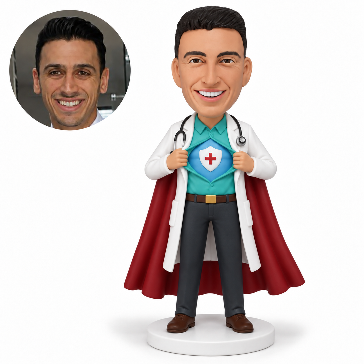custom bobblehead figure male doctor opening his shirt beneath a long lab coat and cape