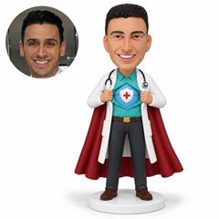custom bobblehead figure male doctor opening his shirt beneath a long lab coat and cape