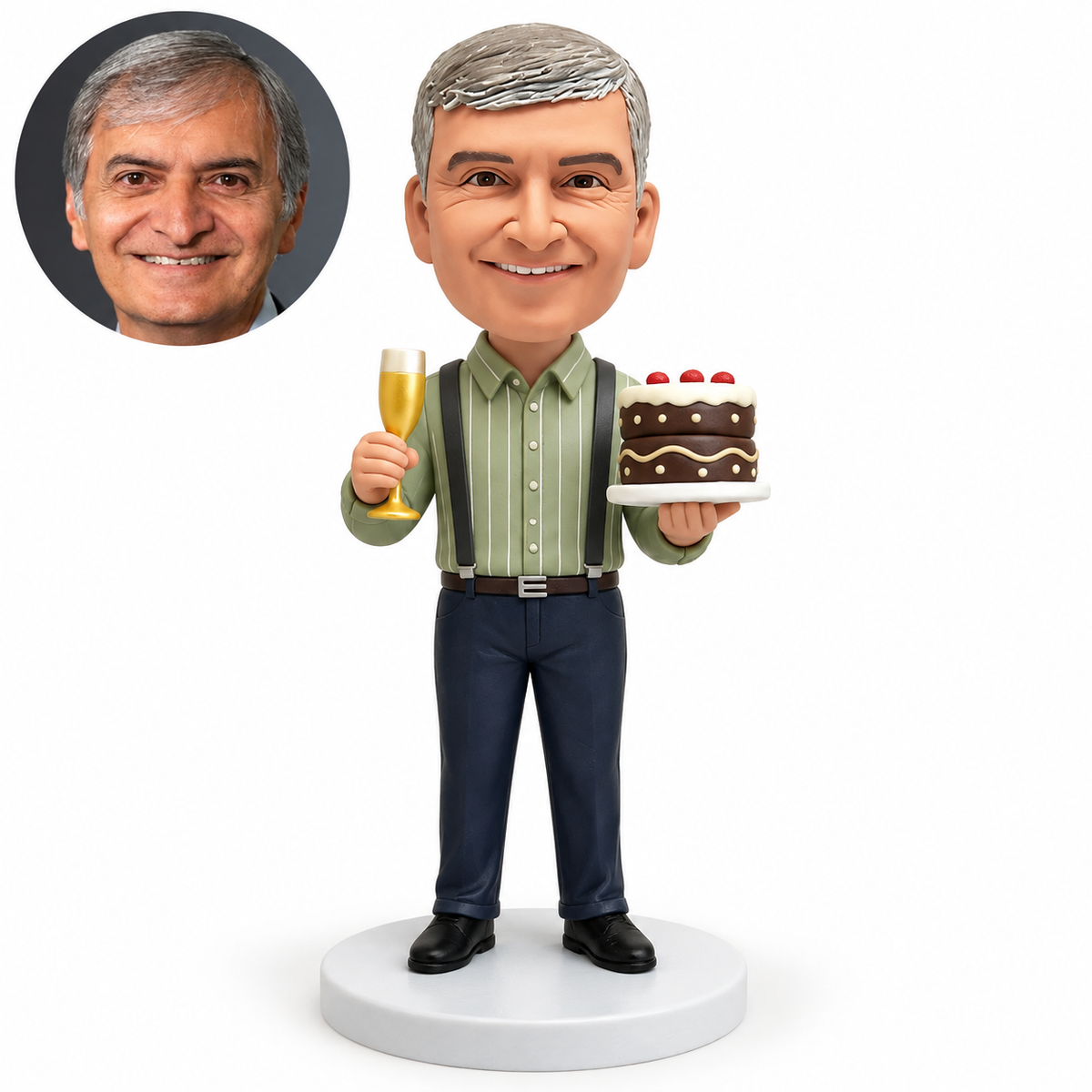 custom bobblehead figure man in a shirt and suspenders holding a birthday cake and a champagne flute