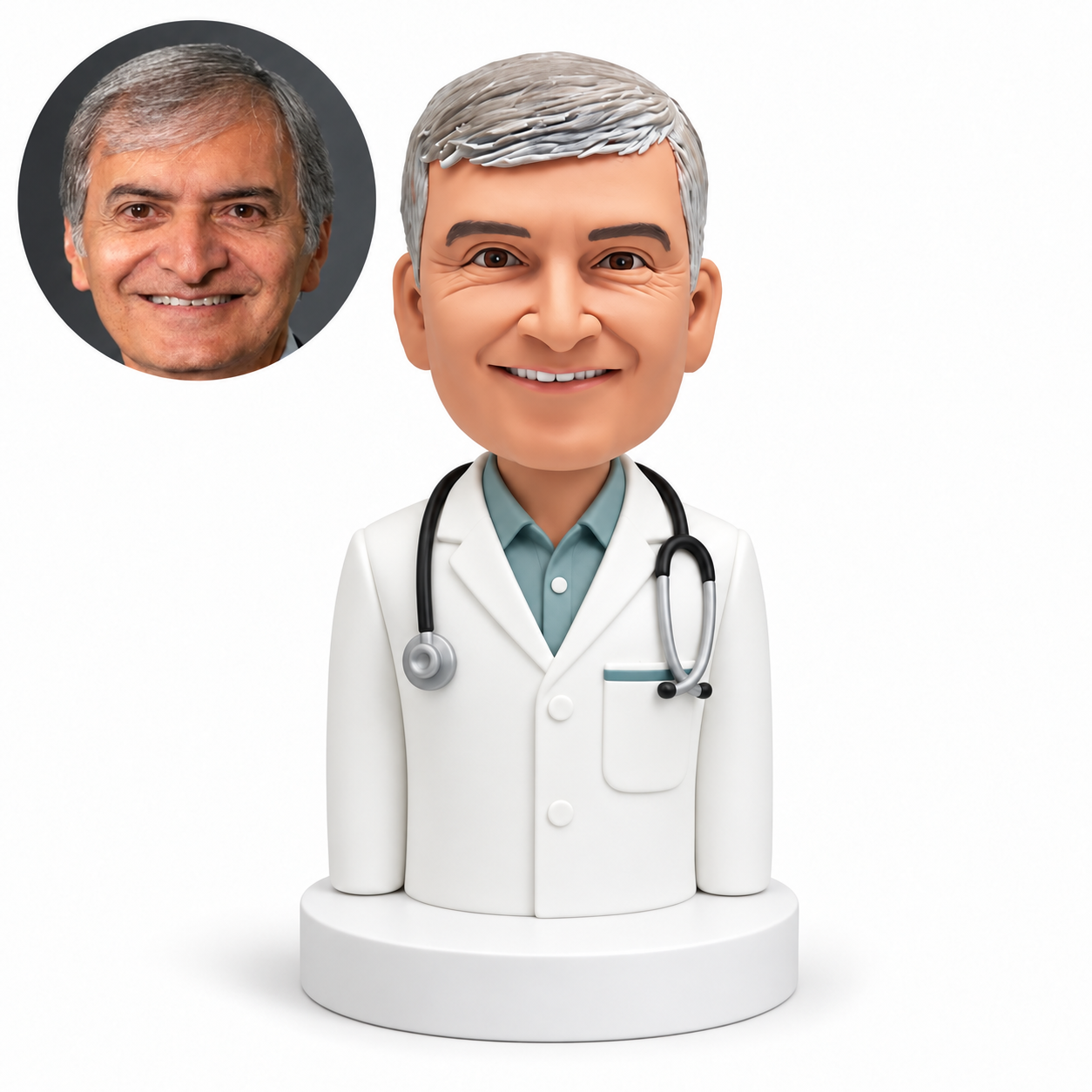 custom bobblehead figure male doctor half-body bust in a lab coat with a stethoscope