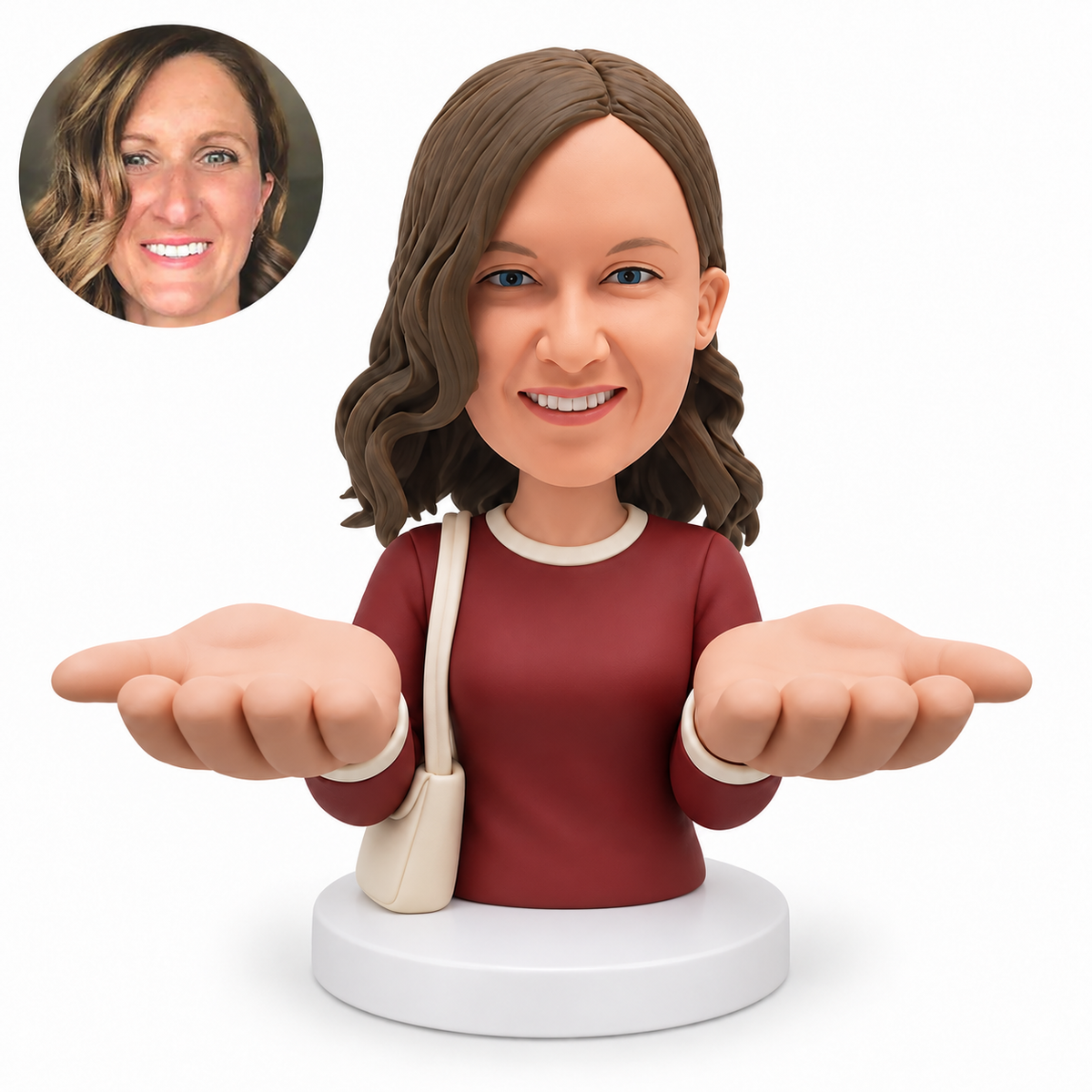 custom bobblehead figure female half-body bust with a shoulder bag and two oversized palms facing upward