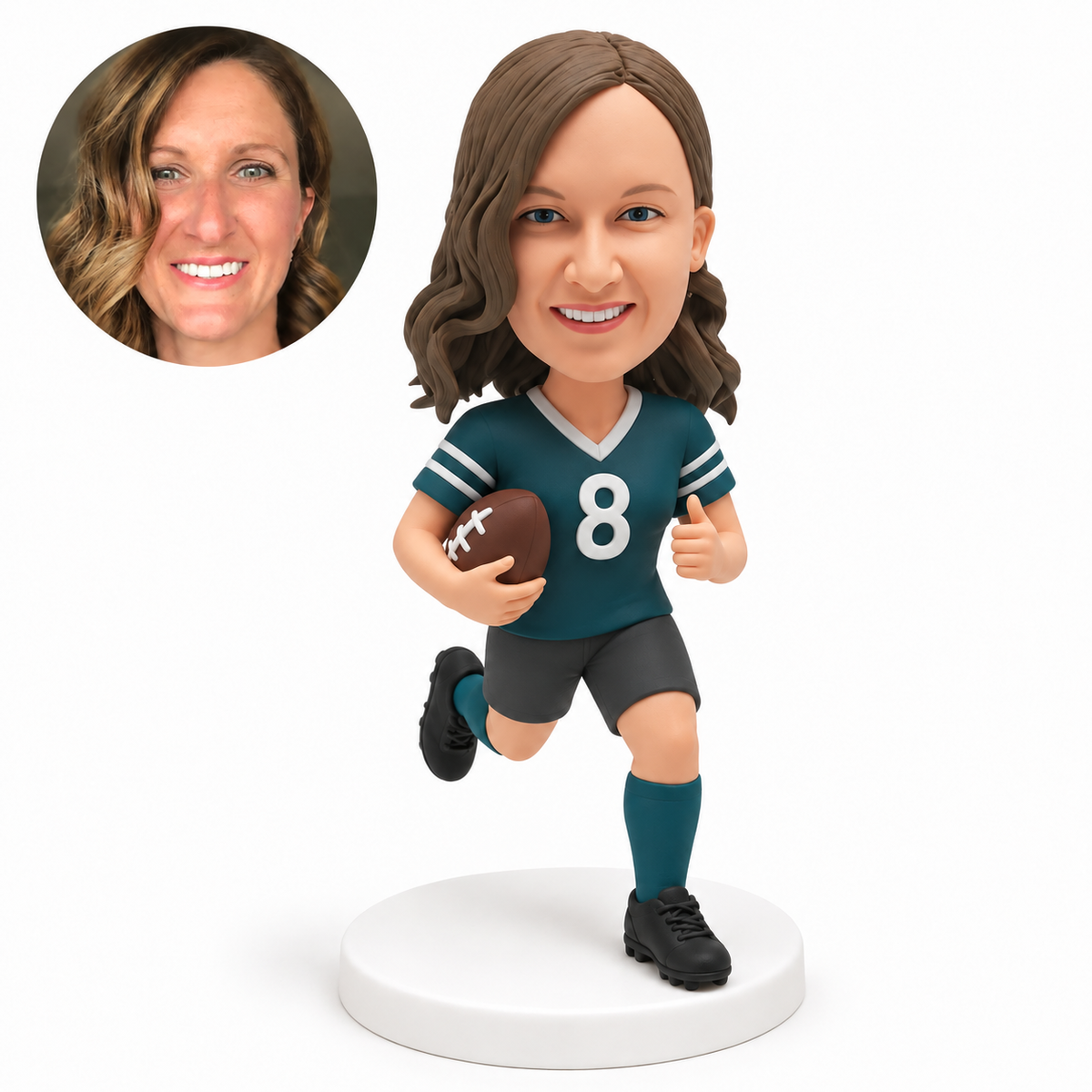 custom bobblehead figure female rugby player running with a ball in her right arm and her left thumb up