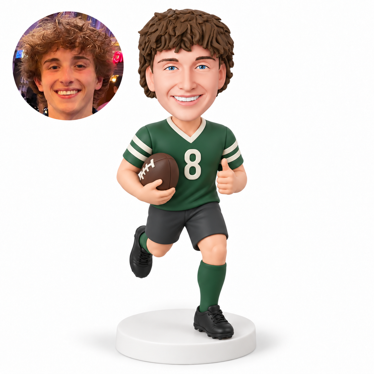 custom bobblehead figure male rugby player running with a ball in his right arm and his left thumb up
