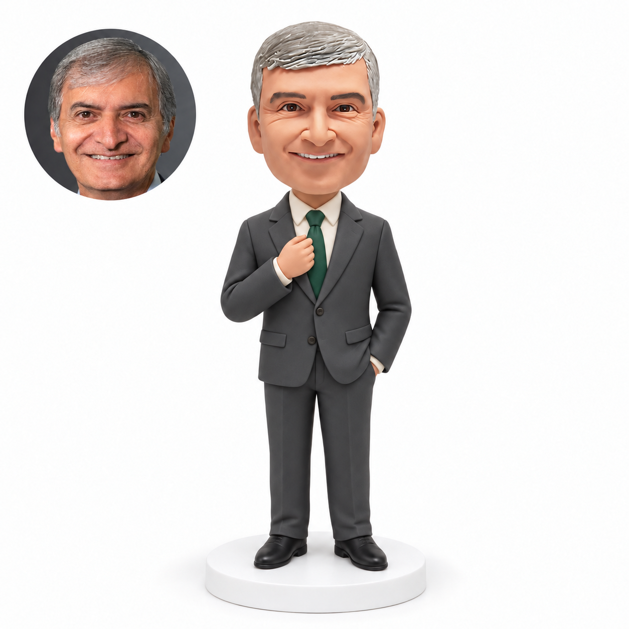 custom bobblehead figure businessman pinching his tie with his right hand and keeping his left hand in his pocket