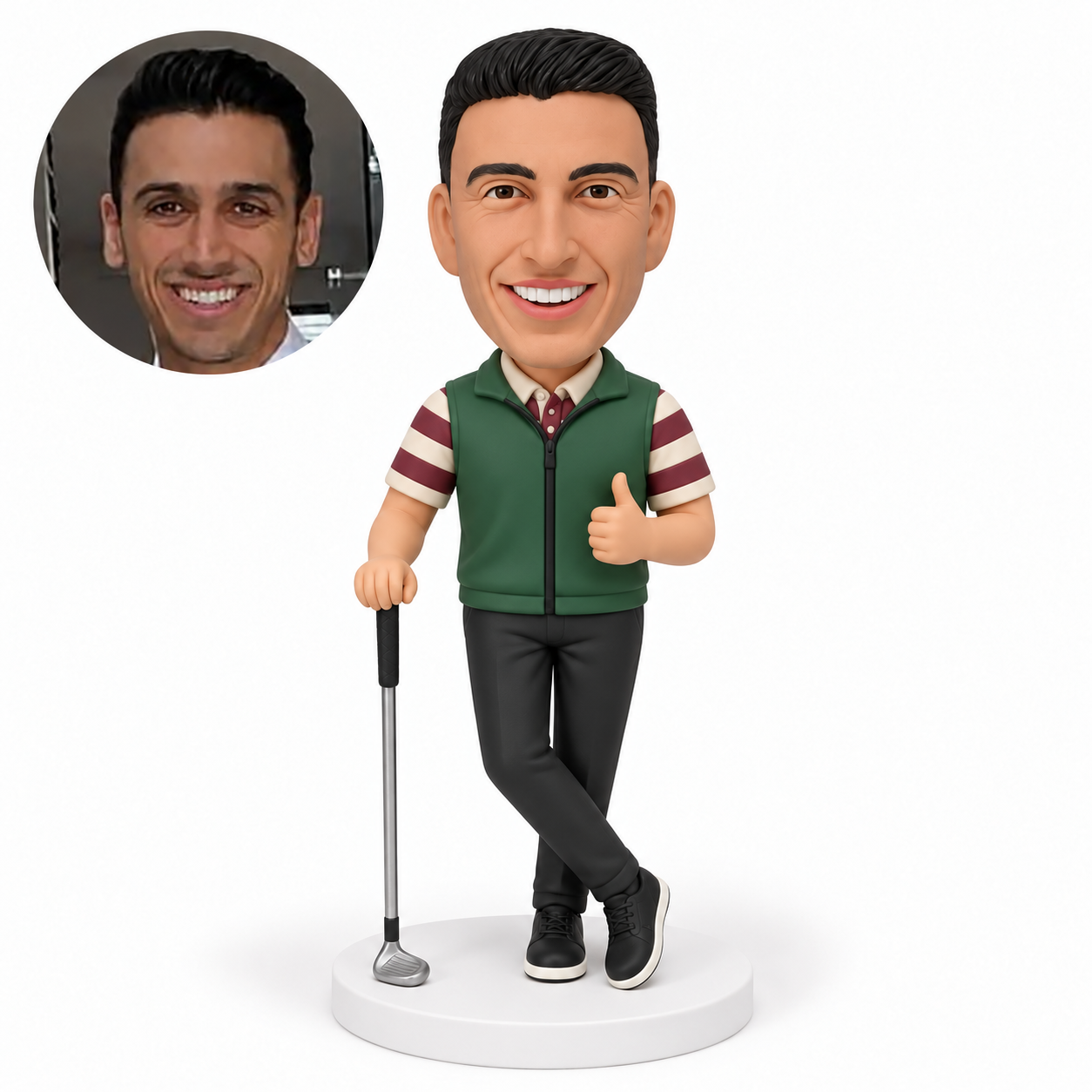 custom bobblehead figure male golfer with crossed ankles resting his right hand on an upright golf club and giving a left hand thumbs up