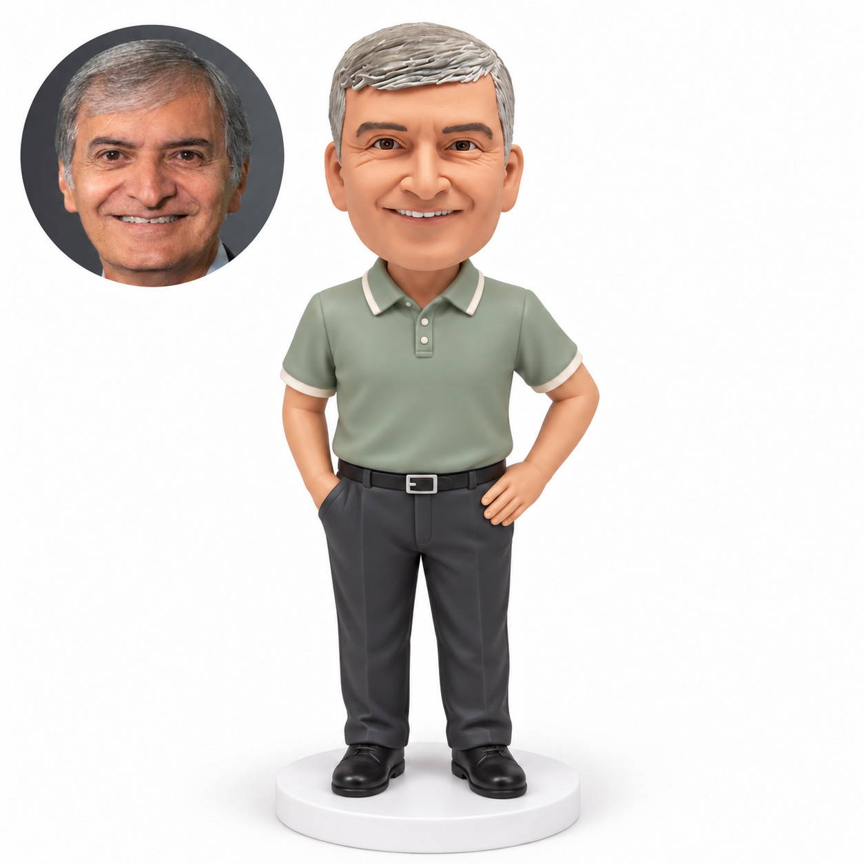 custom bobblehead figure retired man standing with his right hand in a trouser pocket and his left hand on his hip