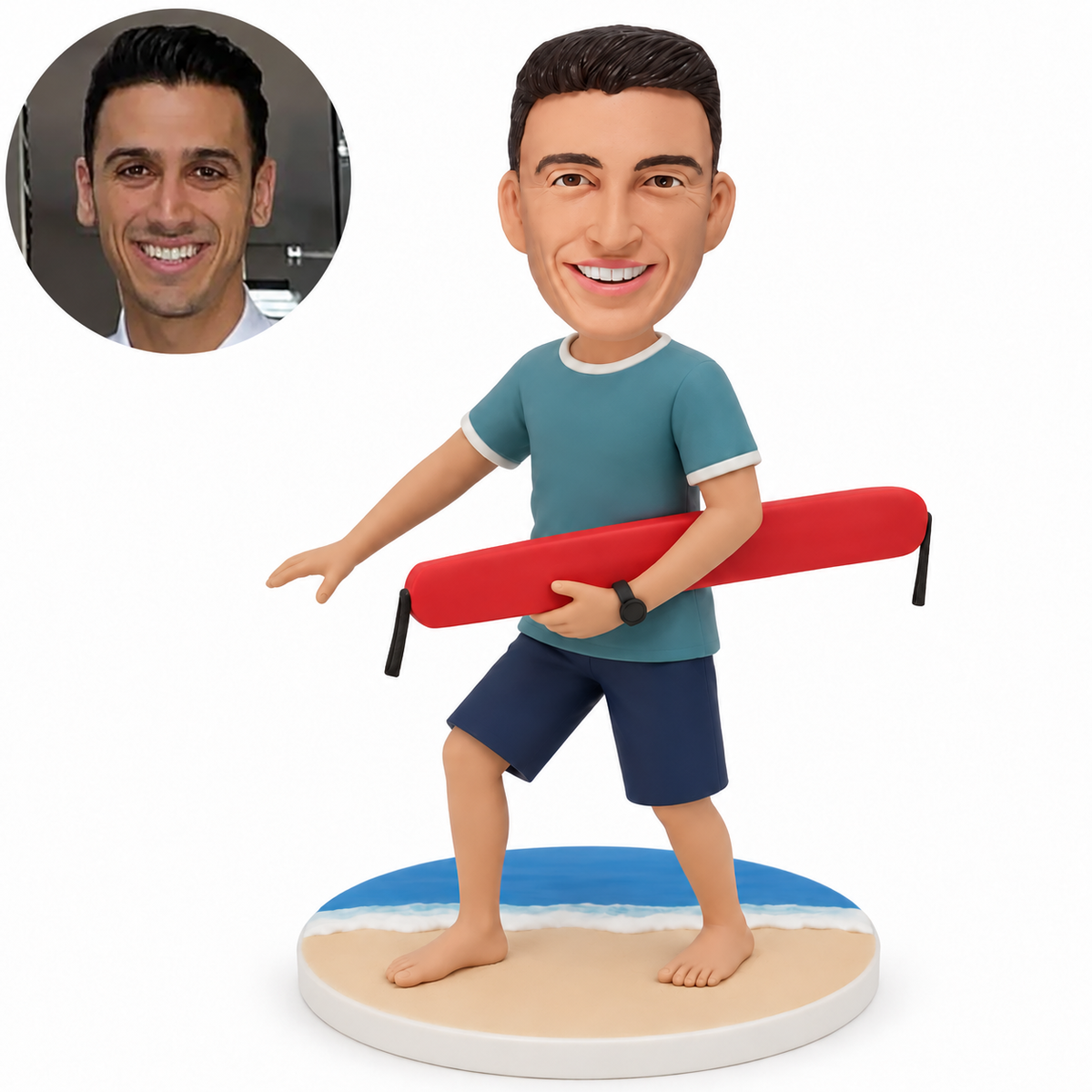 custom bobblehead figure man carrying a rescue float across his waist with his left hand in a stepping pose