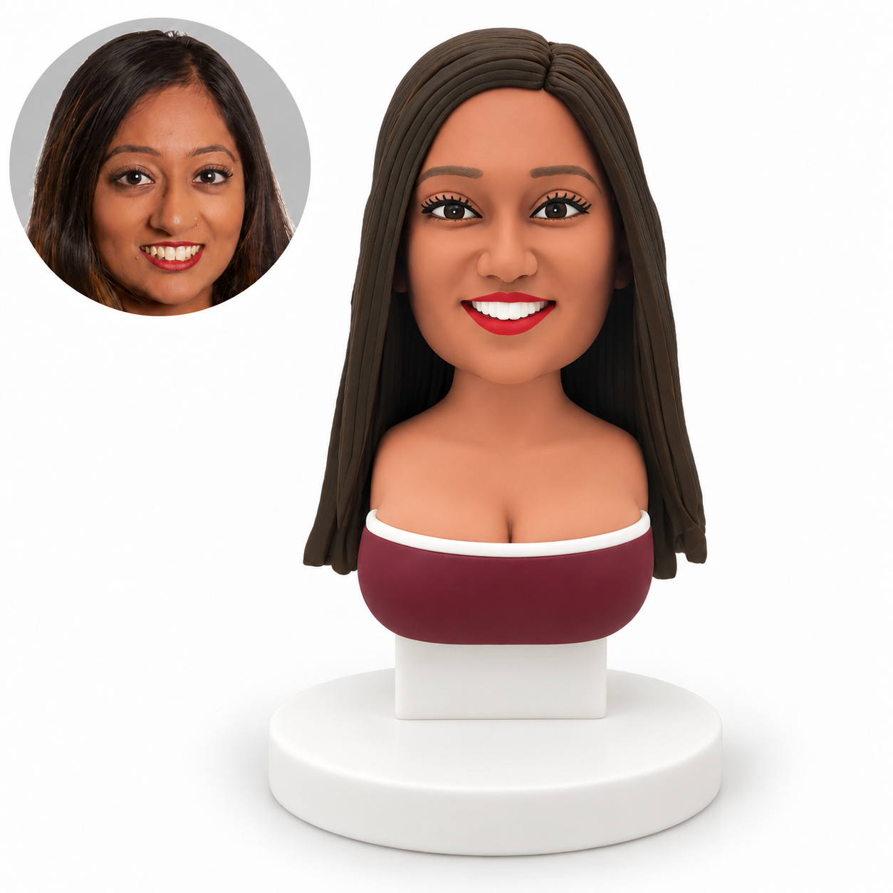 custom bobblehead figure female armless portrait bust on a display pedestal