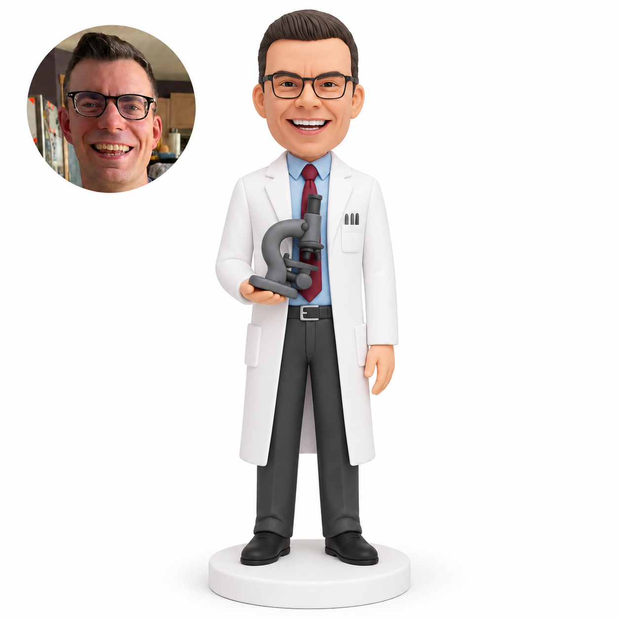 custom bobblehead figure male scientist holding a microscope on his right palm with his left arm lowered