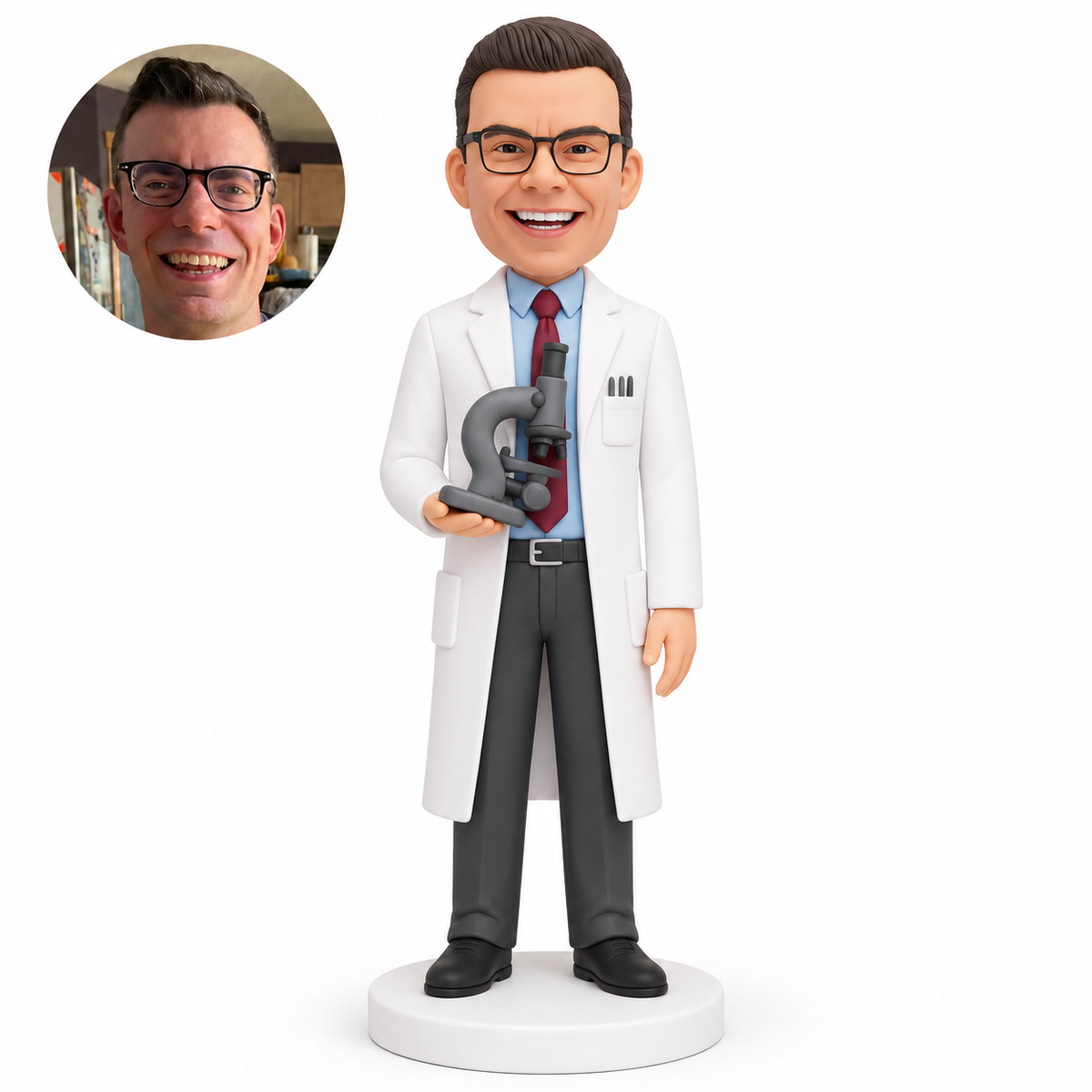 custom bobblehead figure male scientist holding a microscope on his right palm with his left arm lowered