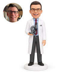 custom bobblehead figure male scientist holding a microscope on his right palm with his left arm lowered