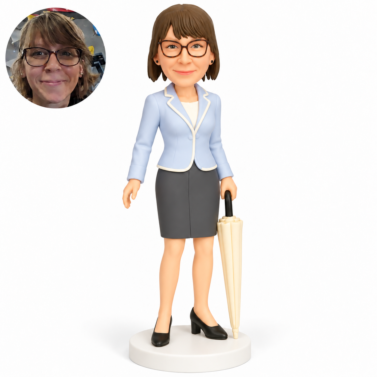 custom bobblehead figure female businesswoman holding a closed umbrella at her left side with her right arm lowered