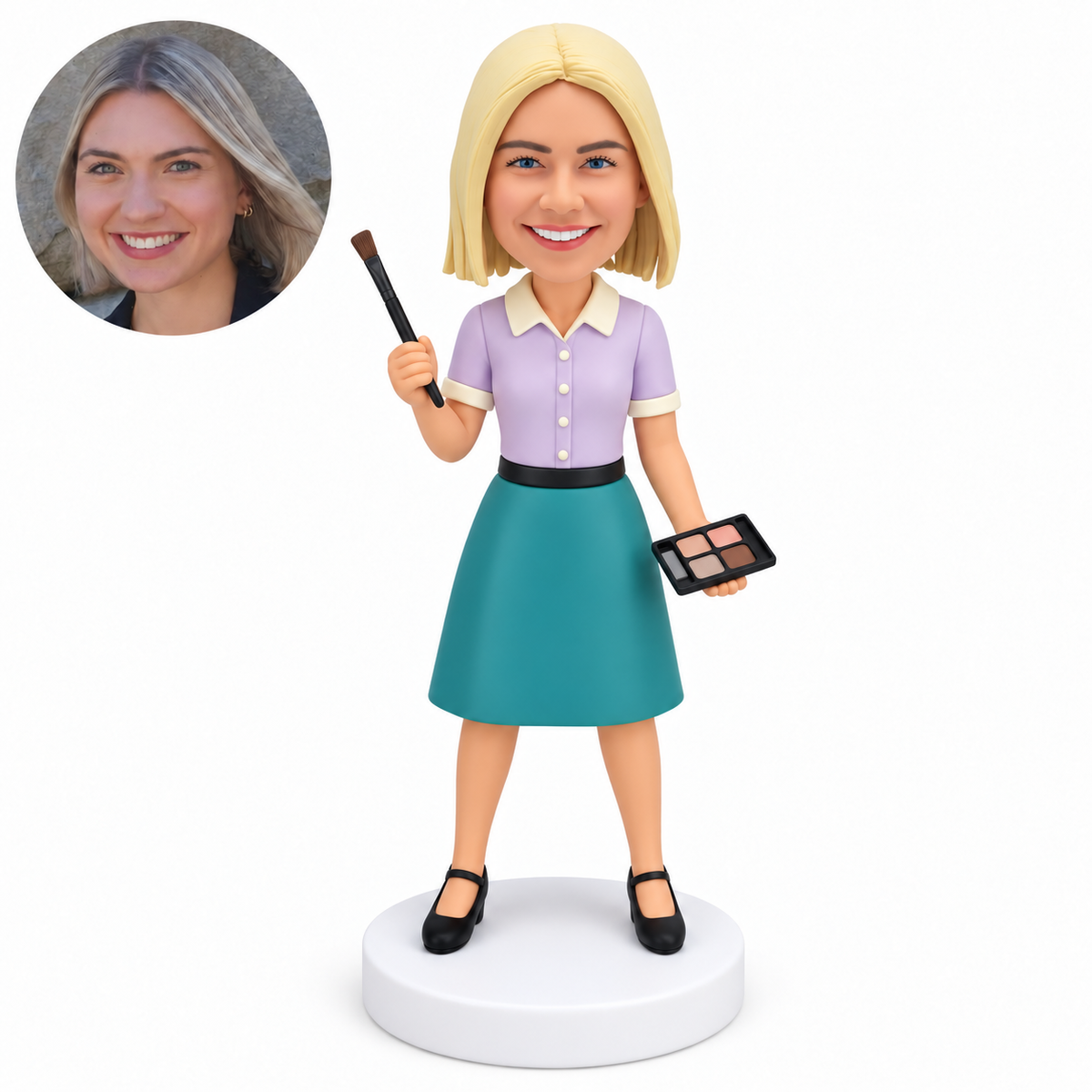 custom bobblehead figure female makeup artist raising a brush in her right hand and holding a four-pan palette down at her left side