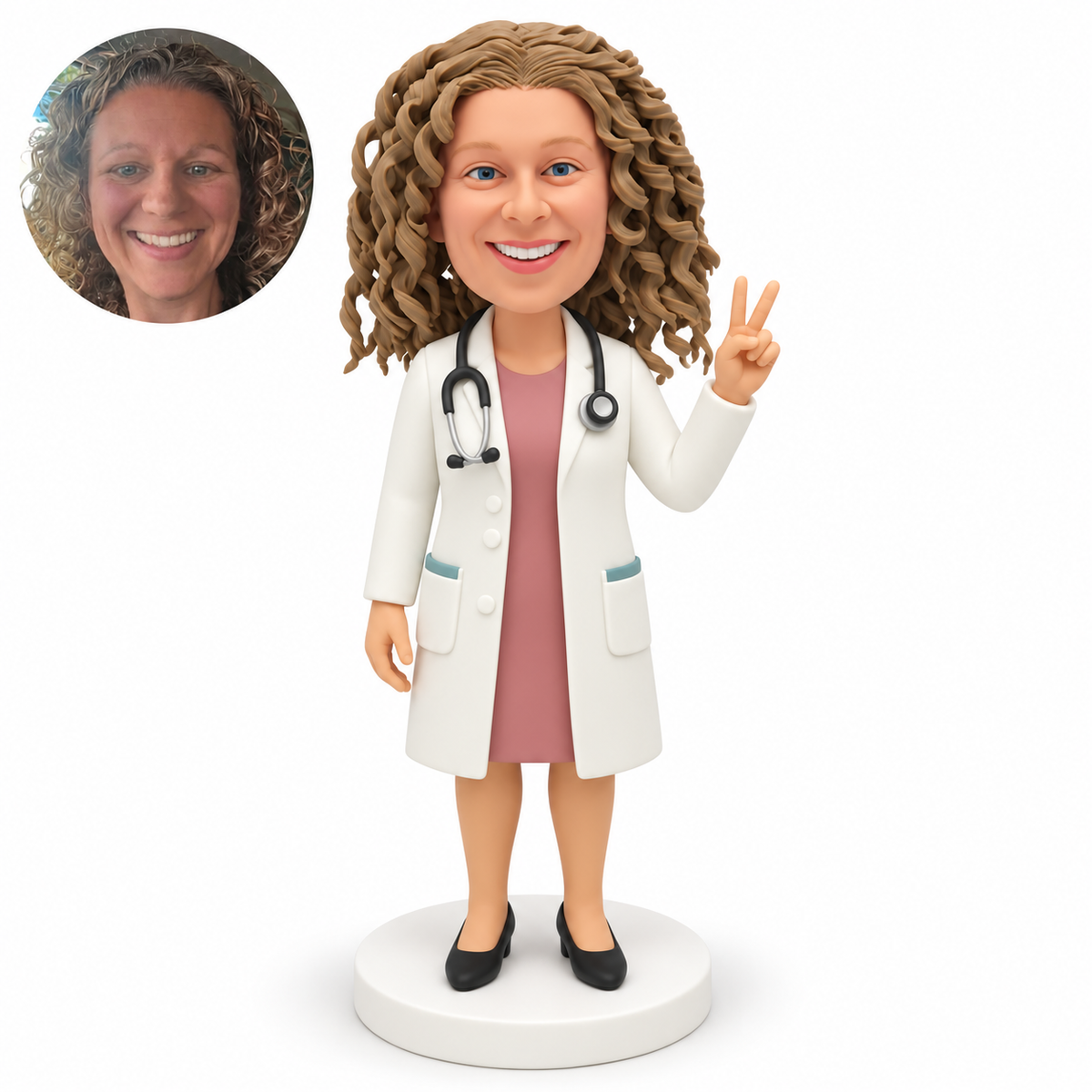 custom bobblehead figure female doctor raising a peace sign with her left hand and keeping her right arm lowered