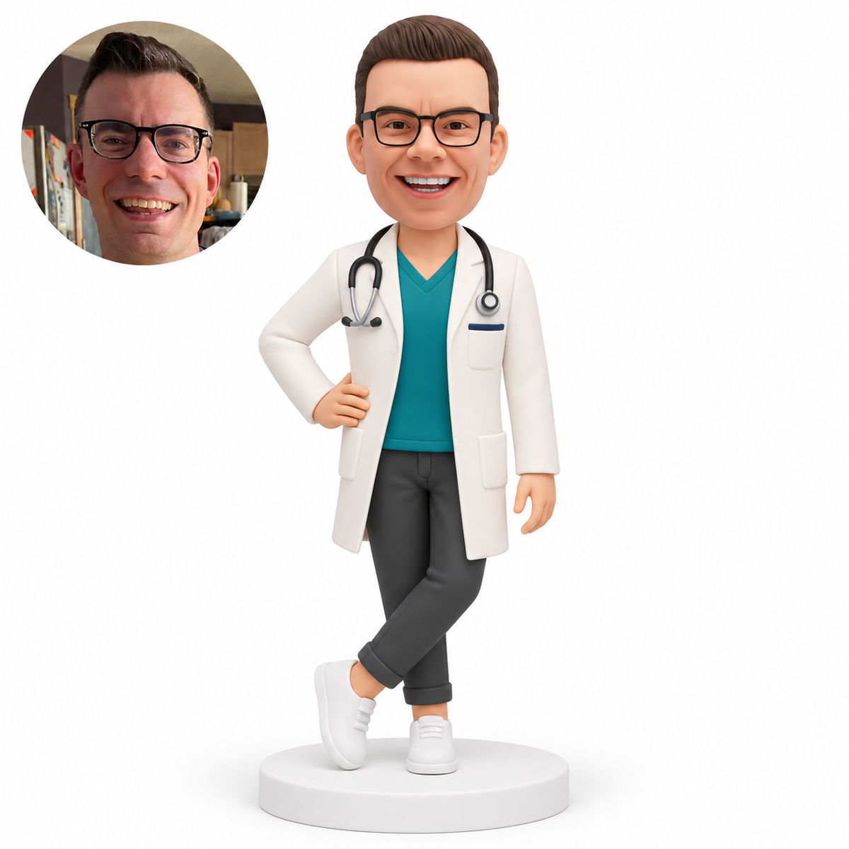 custom bobblehead figure male doctor standing with crossed ankles with his right hand on his hip and his left arm lowered