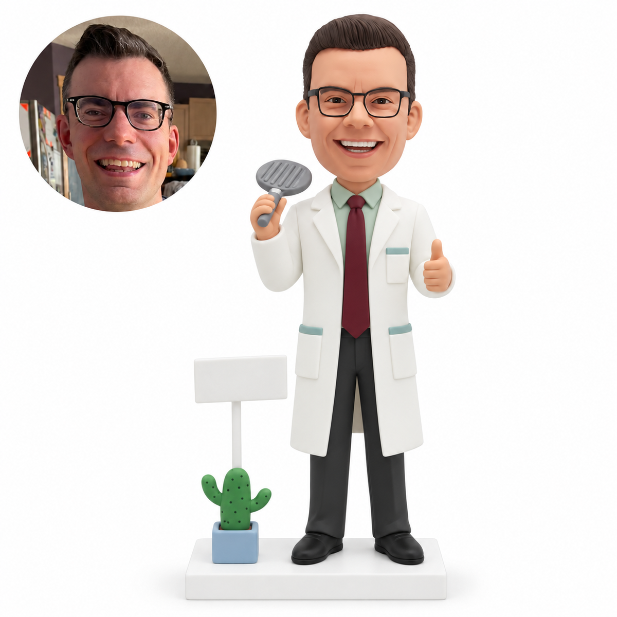 custom bobblehead figure male doctor holding a round examination instrument and giving a thumbs-up beside a potted cactus and blank sign