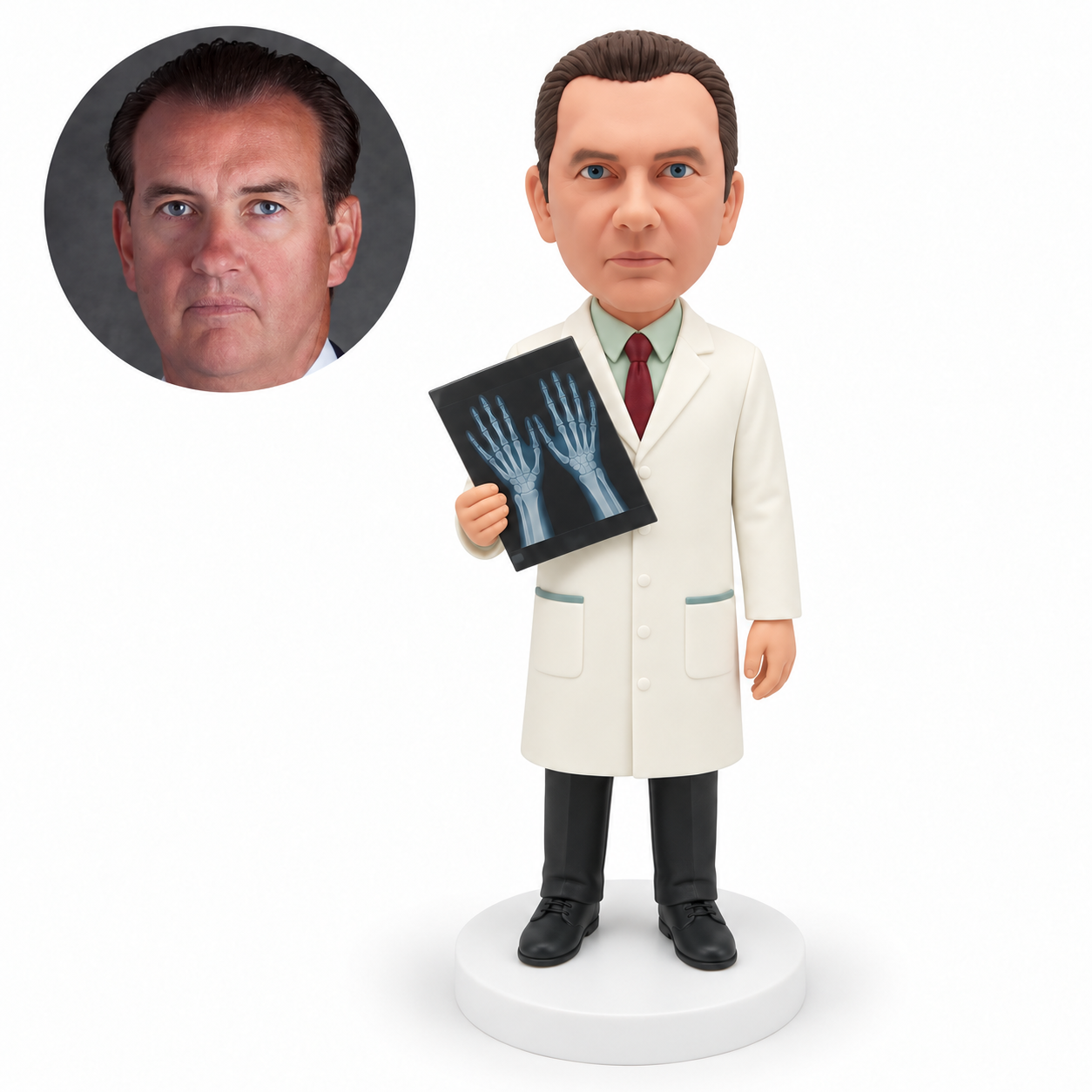 custom bobblehead figure male doctor holding an X-ray film of two hands in his right hand with his left arm lowered
