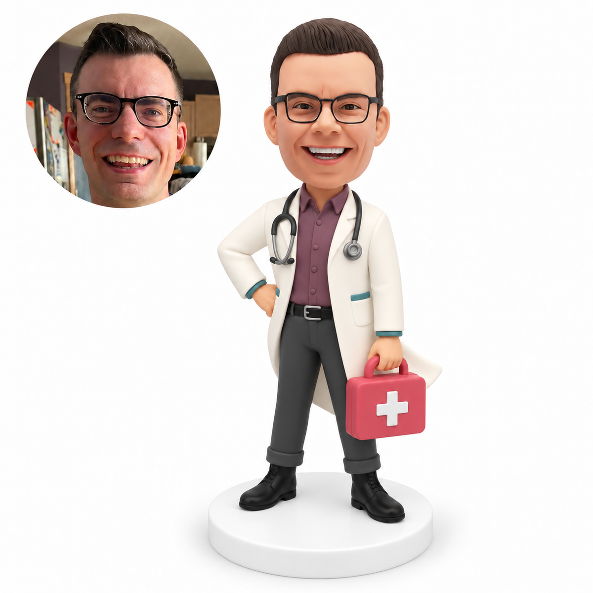 custom bobblehead figure male doctor standing with his right hand on his hip and holding a first-aid case in his left hand