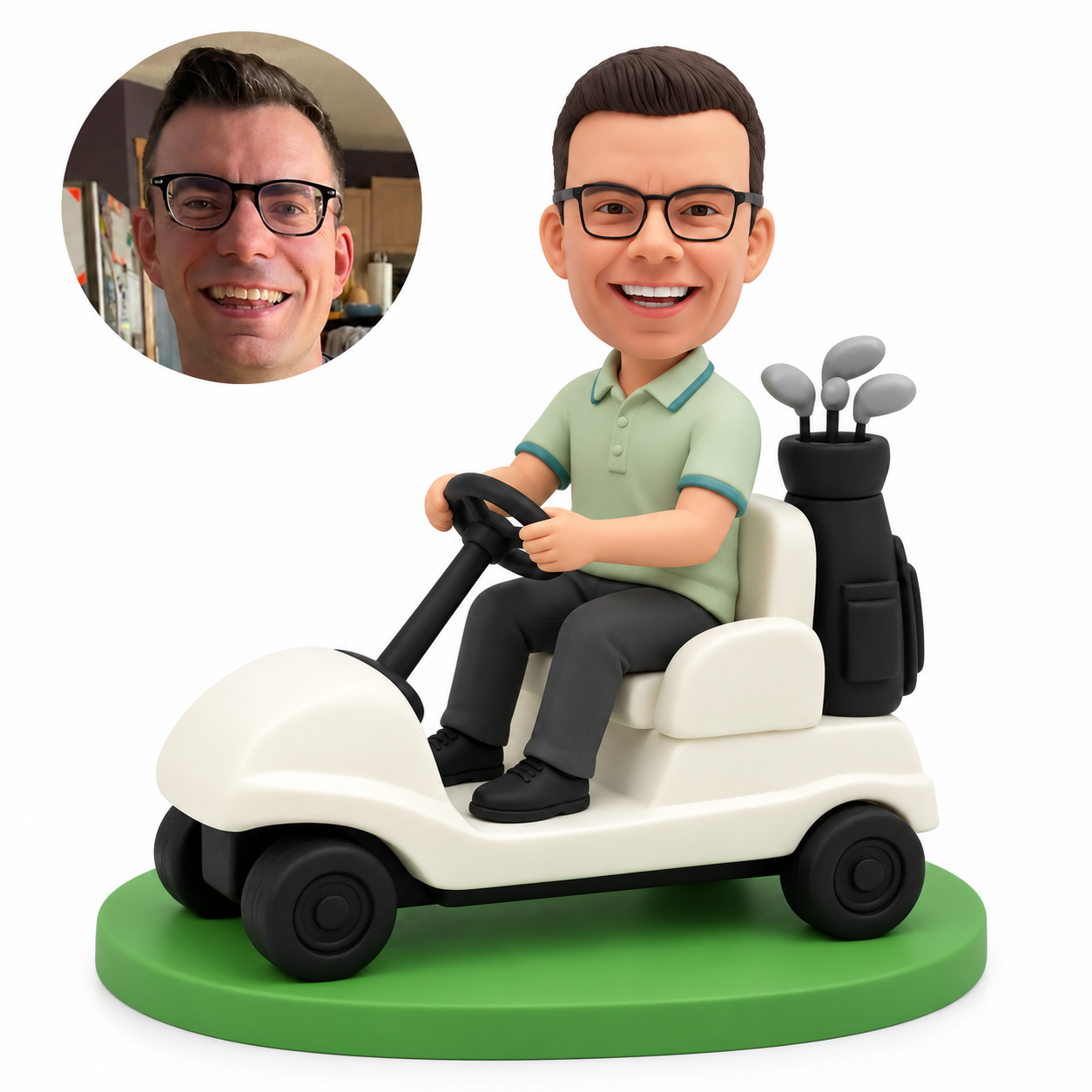 custom bobblehead figure male golfer driving a golf cart with both hands on the steering wheel and a golf bag behind the seat