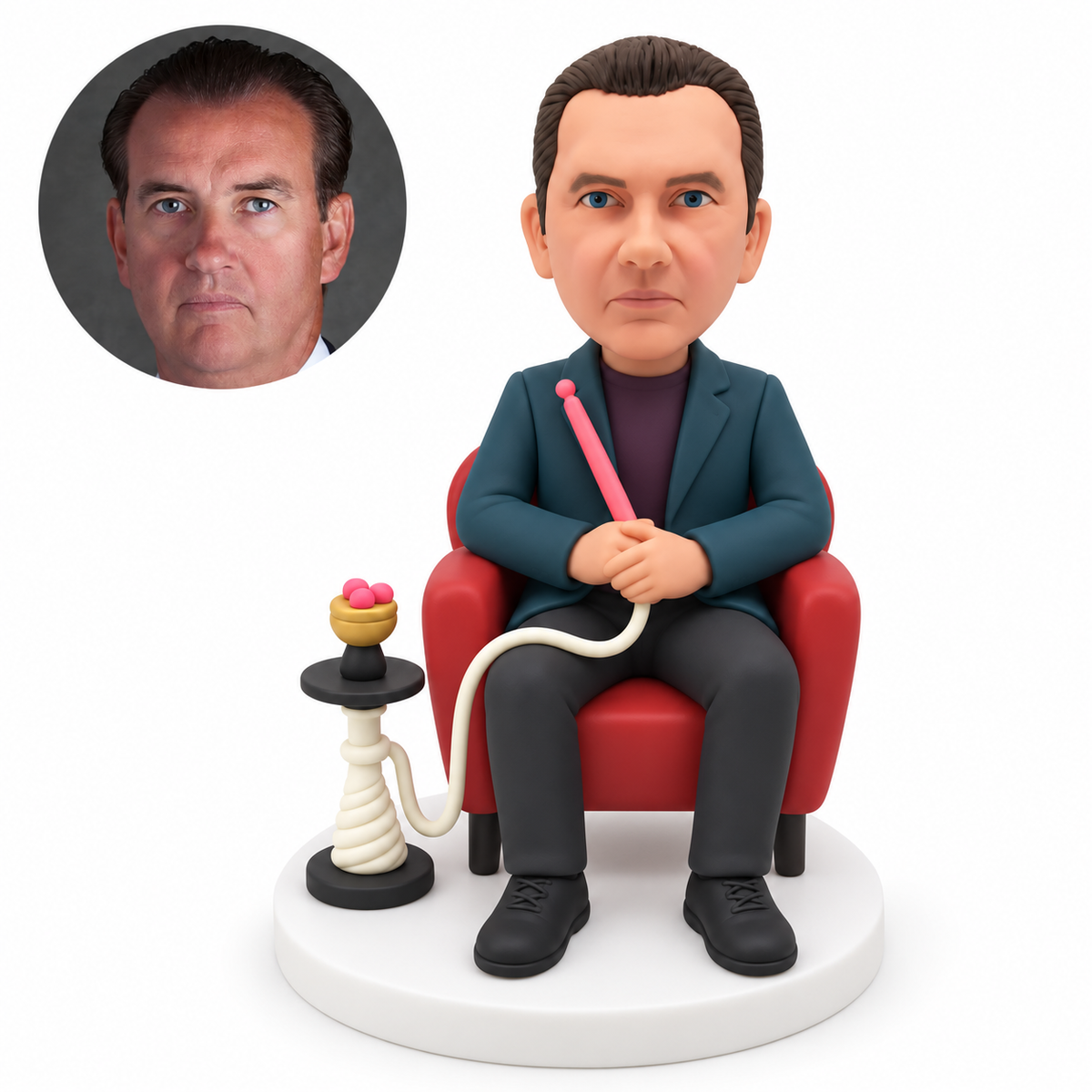 custom bobblehead figure man seated in an armchair holding a hookah mouthpiece with both hands beside a decorative hookah