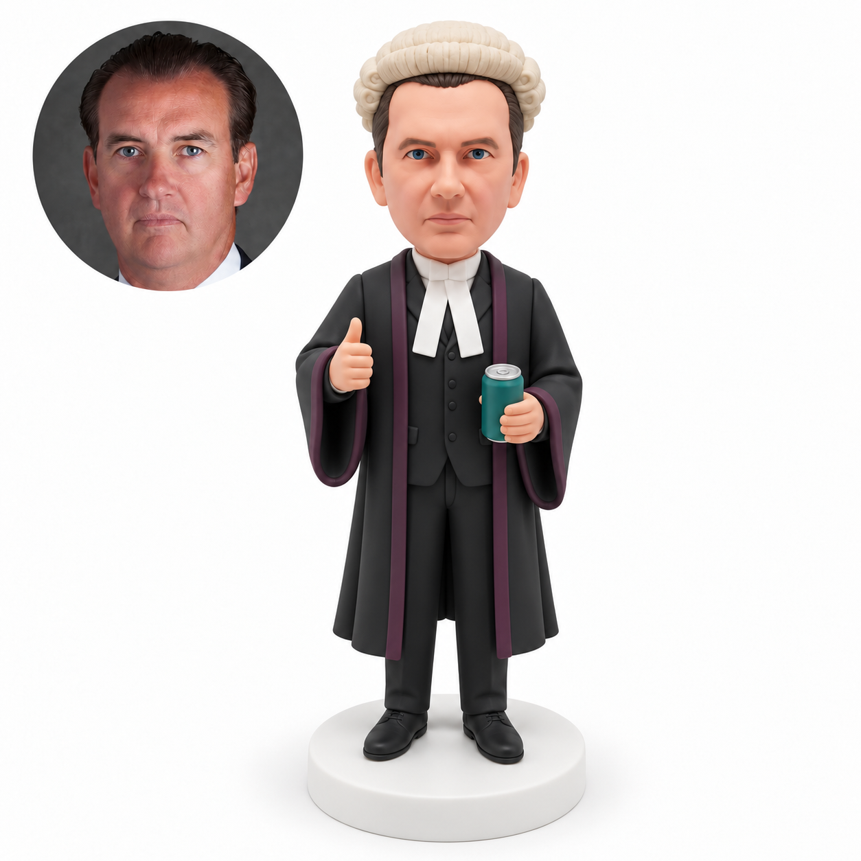 custom bobblehead figure male lawyer in a long judicial robe giving a right hand thumbs up and holding a decorative drink can in his left hand