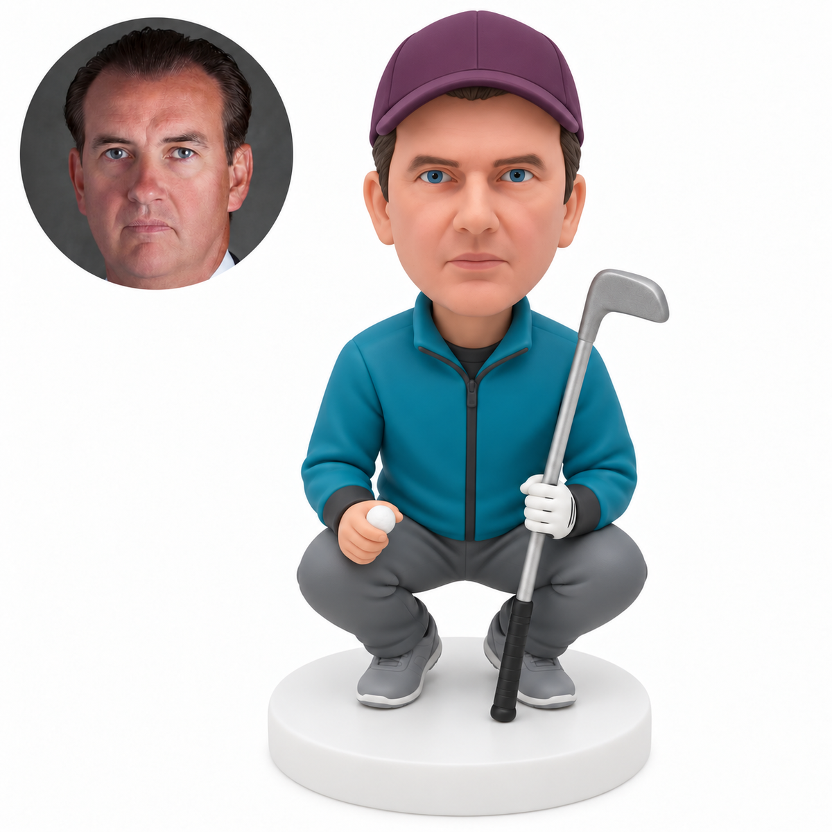 custom bobblehead figure male golfer in a full squat holding a golf ball in his right hand and an inverted iron club in his left gloved hand