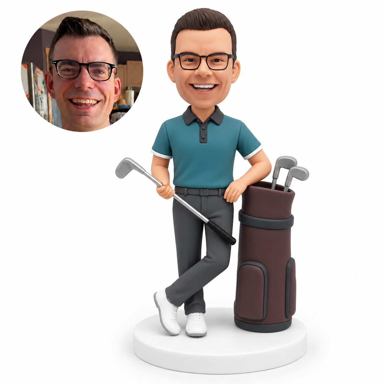 custom bobblehead figure male golfer with crossed ankles holding an iron diagonally across his waist in his right hand and resting his left arm beside a golf bag
