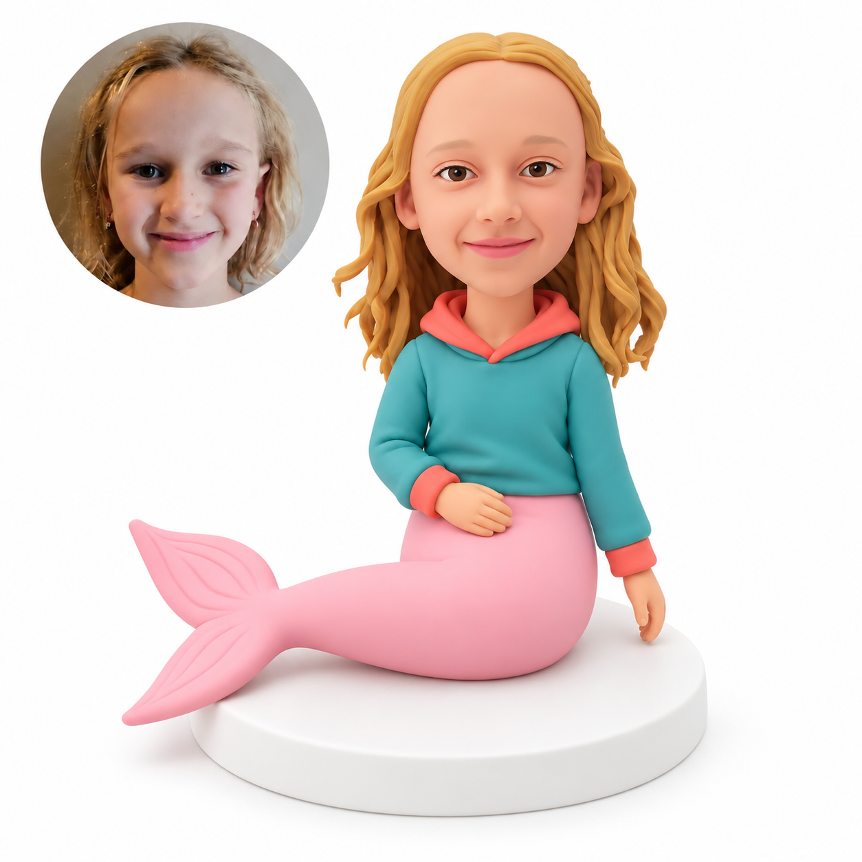 custom bobblehead figure girl mermaid in a hoodie sitting with her tail extended sideways