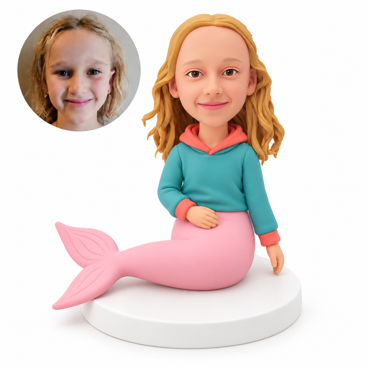 custom bobblehead figure girl mermaid in a hoodie sitting with her tail extended sideways