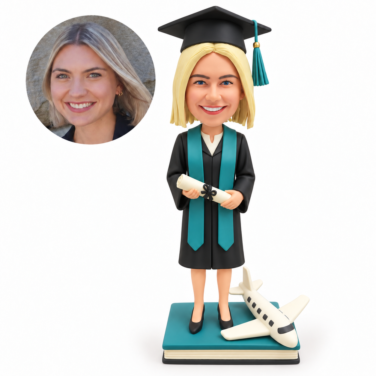 custom bobblehead figure female graduate holding a diploma beside a model passenger airplane