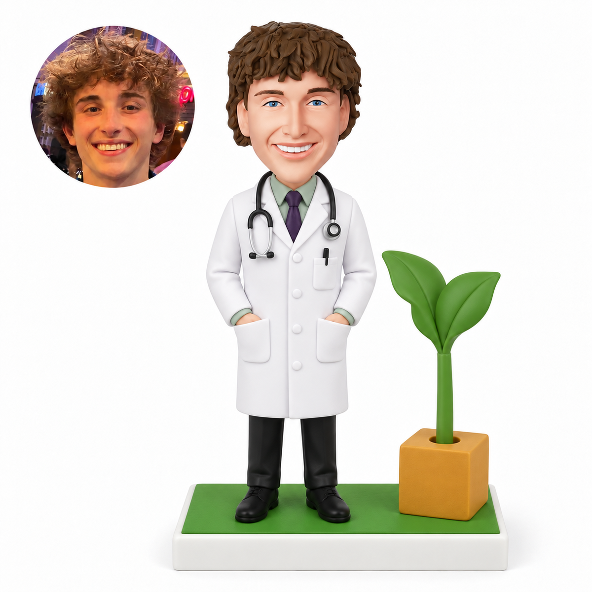 custom bobblehead figure male doctor with both hands in his coat pockets beside a sculpted potted plant