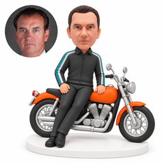 custom bobblehead figure man seated sideways on a cruiser motorcycle with crossed ankles